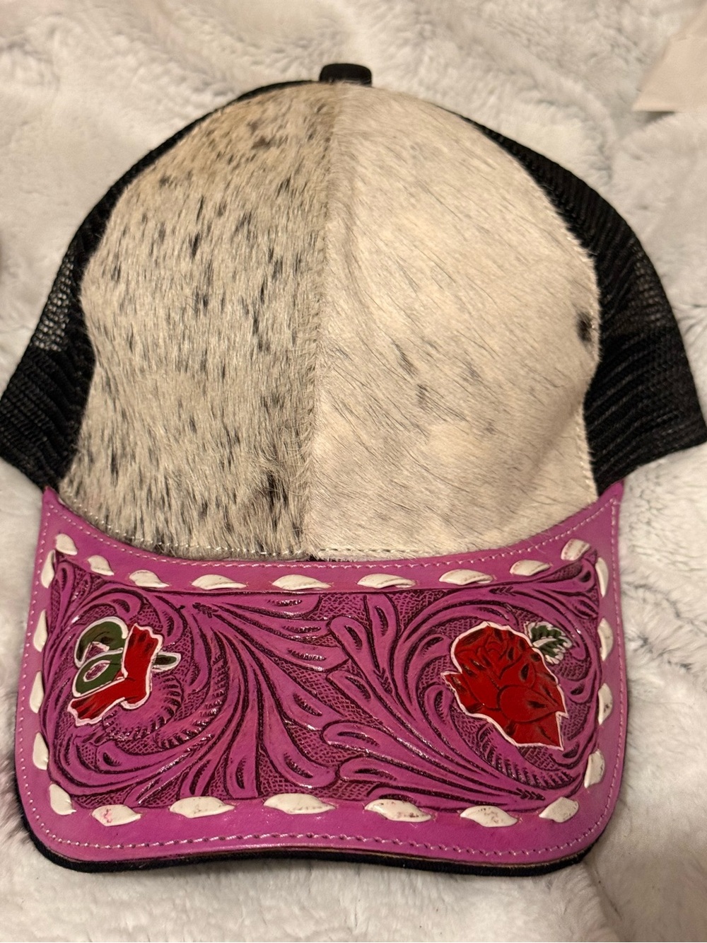 Women's Pink Floral Trucker Hat - genuine Fur Accent